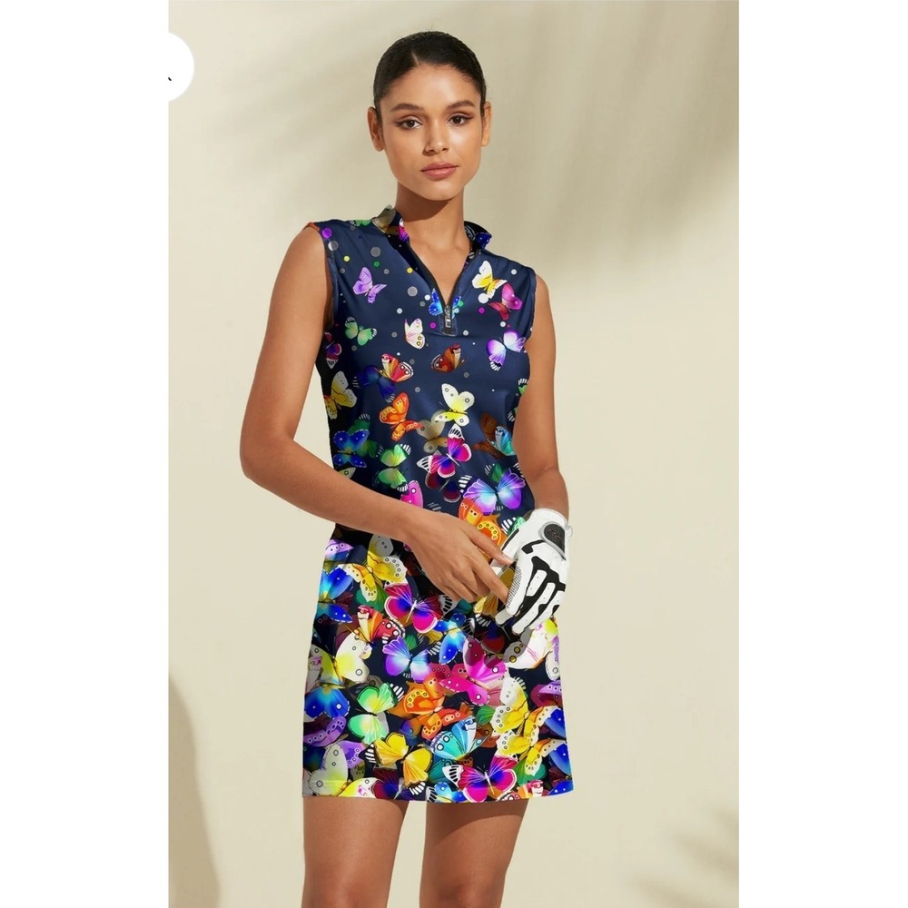 Acegolfs Wildlife Party Women Golf Tennis Dress M Sleeveless Butterfly Print NWT